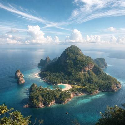 The primary subject of the image is a beautiful island surrounded by crystal blue waters. The island is covered in lush greenery, making it an ideal location for relaxation and leisure. The setting is a serene ocean, with the island being the main focus of the scene. The visual style of the image is a photo, capturing the natural beauty of the island and its surroundings. The colors and mood of the image are vibrant and inviting, with the blue waters and greenery creating a sense of